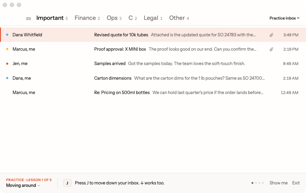 The first tutorial lesson on the practice inbox