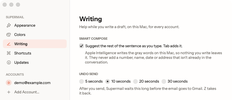 Settings, Writing, with Undo Send set to 10 seconds
