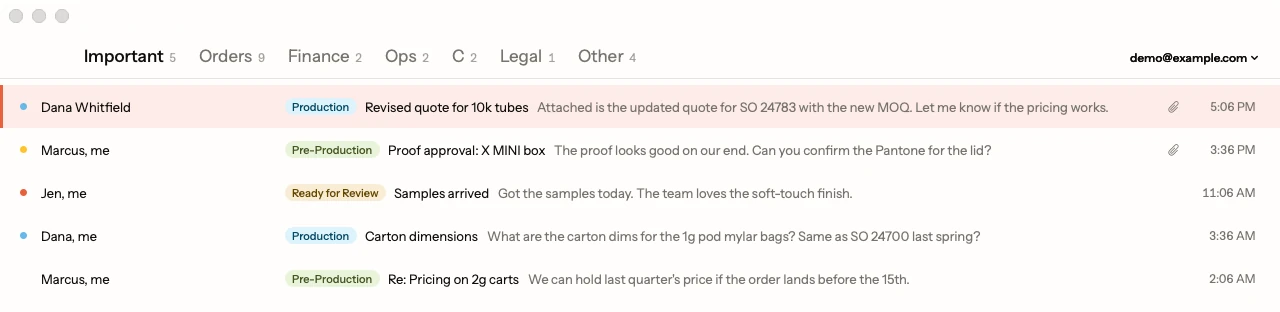 The Supermail inbox with split tabs and order stage tags on each email.