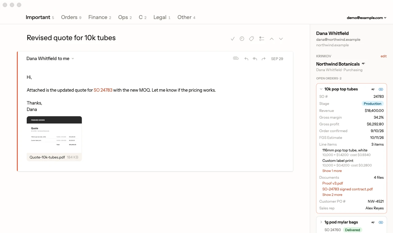 Supermail showing an email about a revised quote, with the customer's Krinkov orders in a panel on the right.